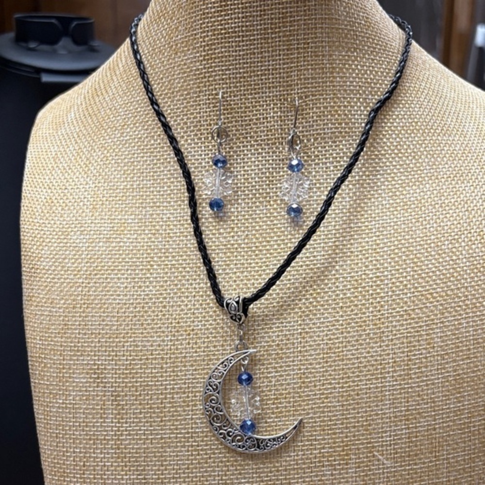 Silver Tone and Blue Moon Pendant Necklace and Earring Set​